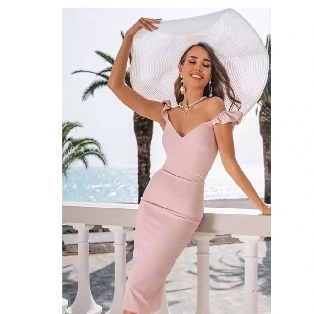 Pink Bodycon Bandage Dress For Summer Sexy Ruffles Sleeveless Midi v neck Size M